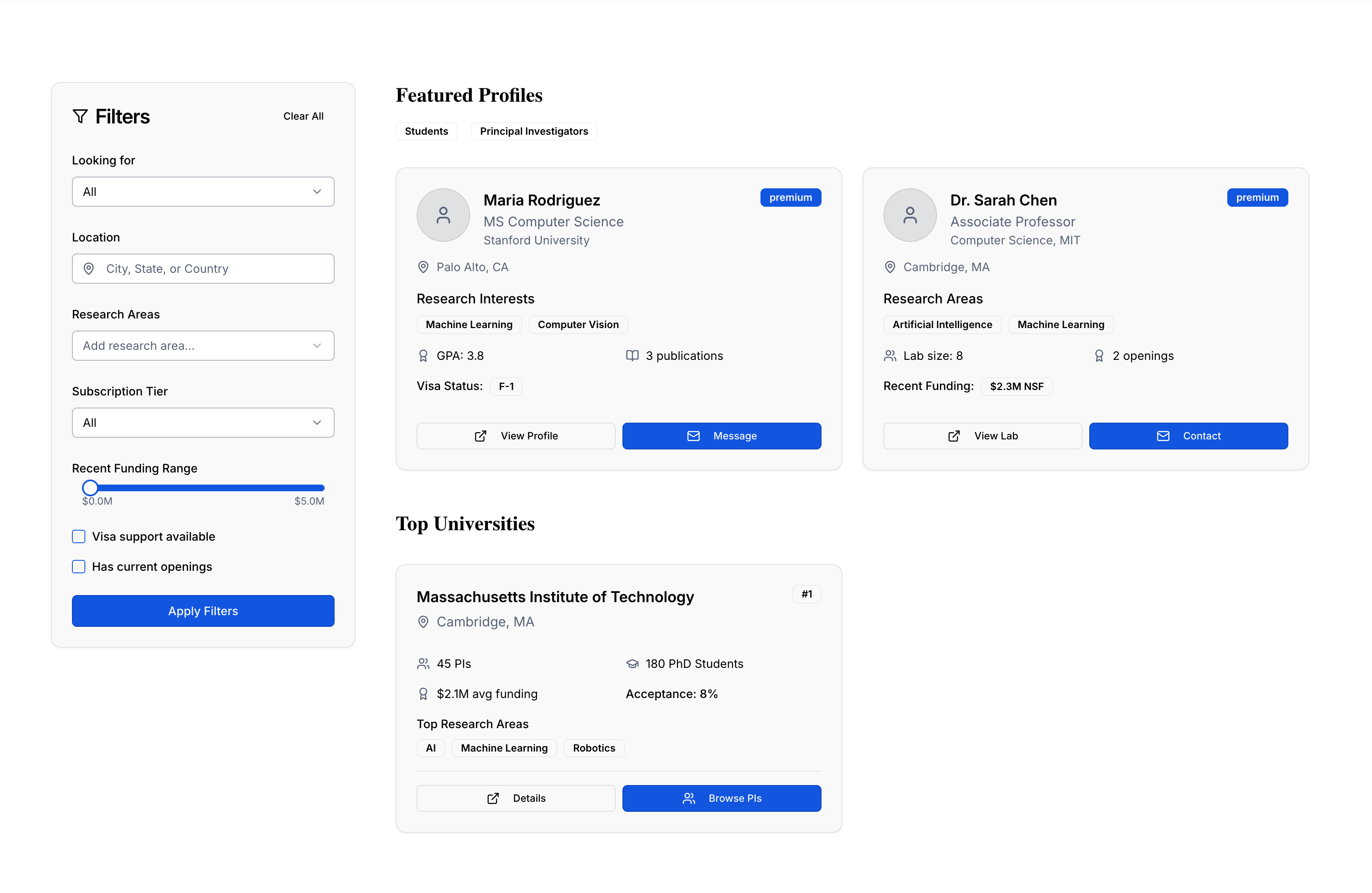Screenshot of the gradlinkr dashboard showing featured profiles and top universities